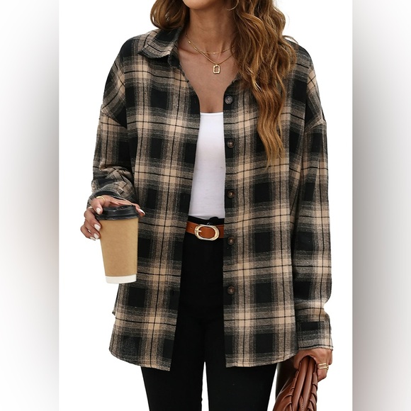 Khaki Black Plaid Flannel Shirt | Oversized Long Sleeve Button Down - Picture 1 of 4